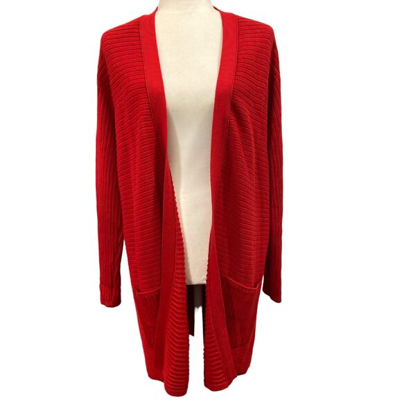 J Jill Long Cardigan Sweater Women Ribbed Medium Duster Pockets Academia‎ Red - Picture 1 of 6